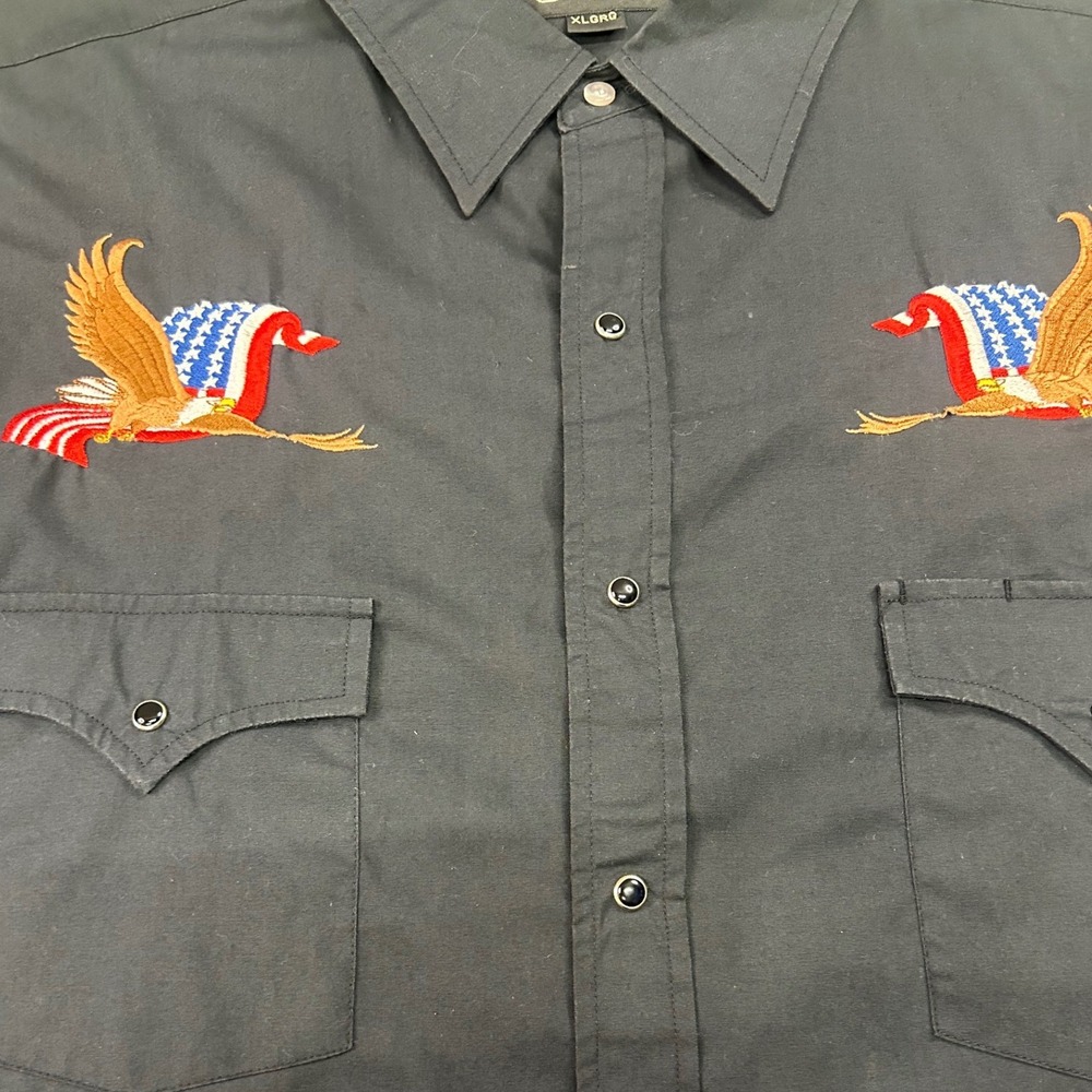 High Noon Mens XL Black Western Pearl Snap Shirt Eagle American Flag Embroidered - Picture 4 of 8
